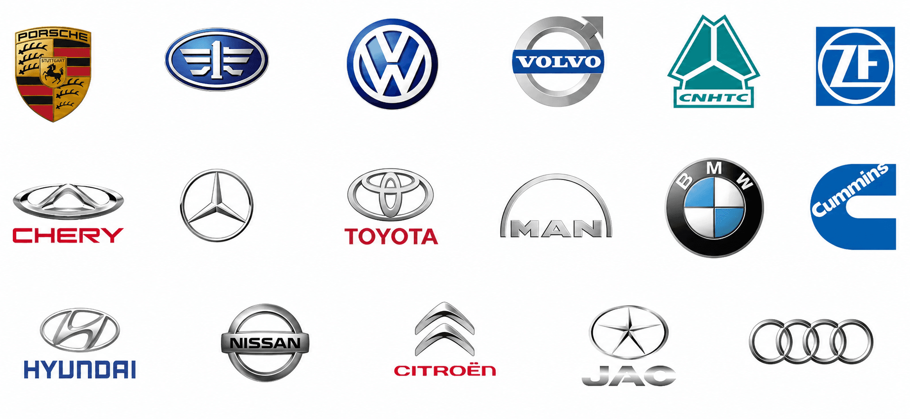 Logo OEM dunia yang mengakui pelumas Sinopec: Porsche, Volkswagen, Volvo, Mercedes-Benz, Toyota, MAN, BMW, Cummins, Hyundai, Nissan, Citroen, JAC, Audi, dan lainnya